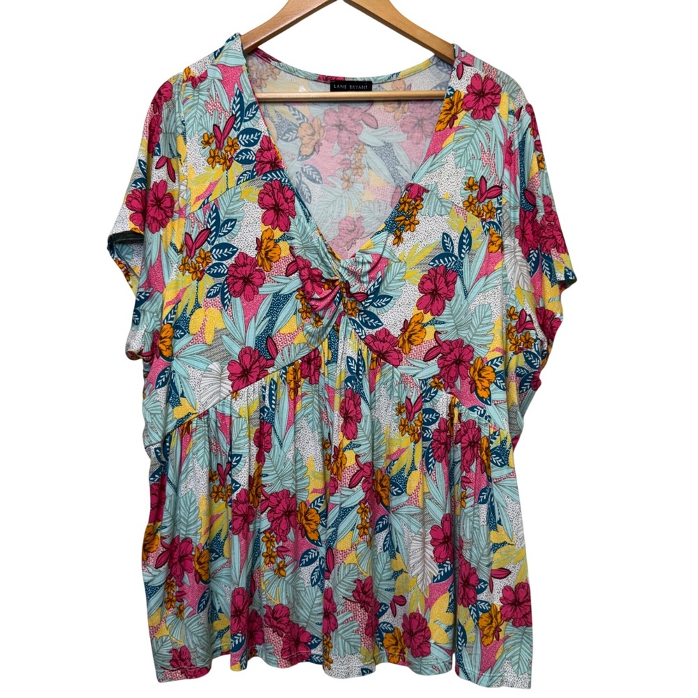 Lane Bryant Women Babydoll Top 26/28 Multicolor Floral Knot V-Neck Tropical Boho